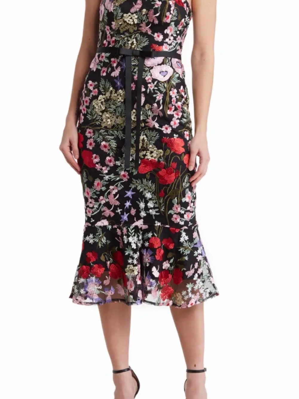 Sam Edelman Black Floral Embroidered Midi dress with Ruffle Hem